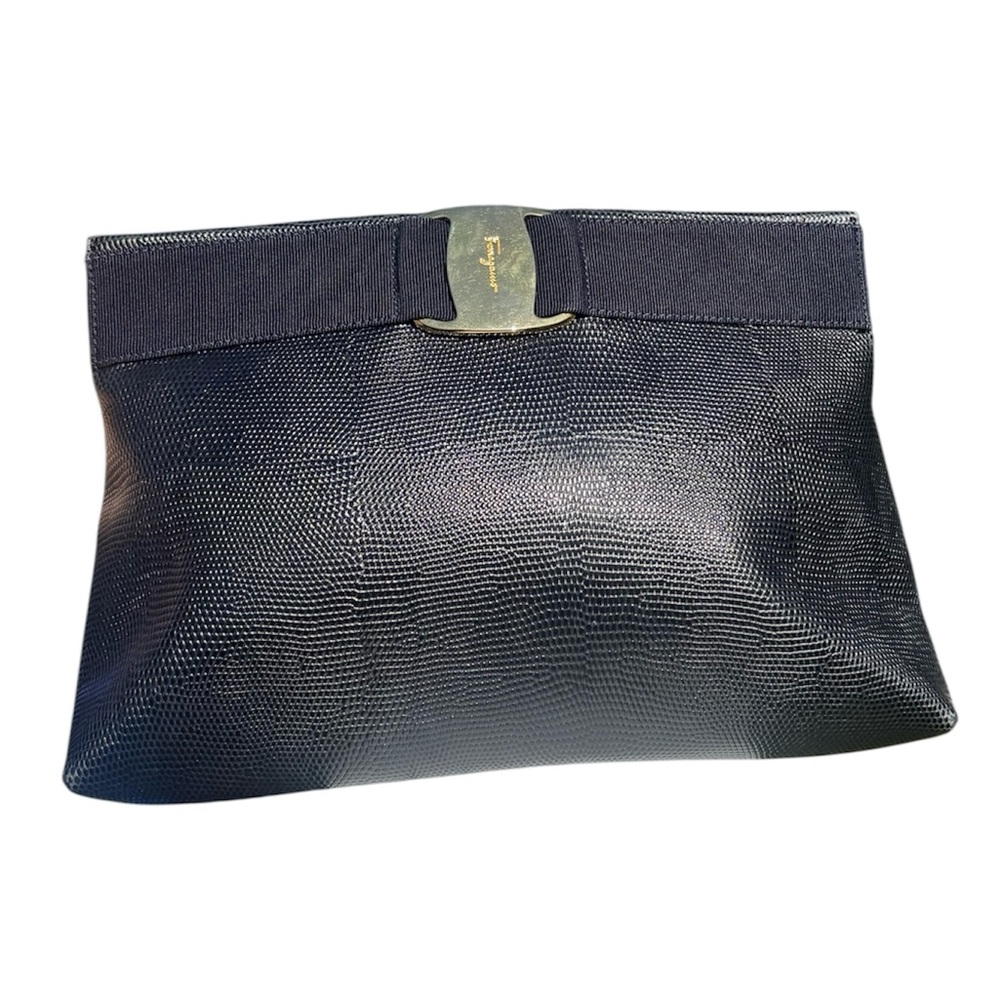 Salvatore Ferragamo Navy Lizard Embossed Leather Crossbody Bag Made Italy